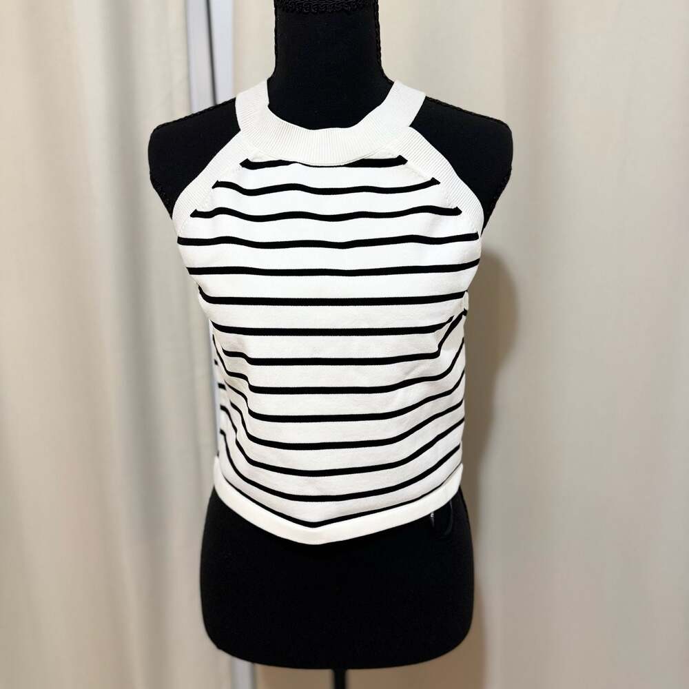 Forever 21 Black and White Striped Ribbed Knit Halter Tank Top